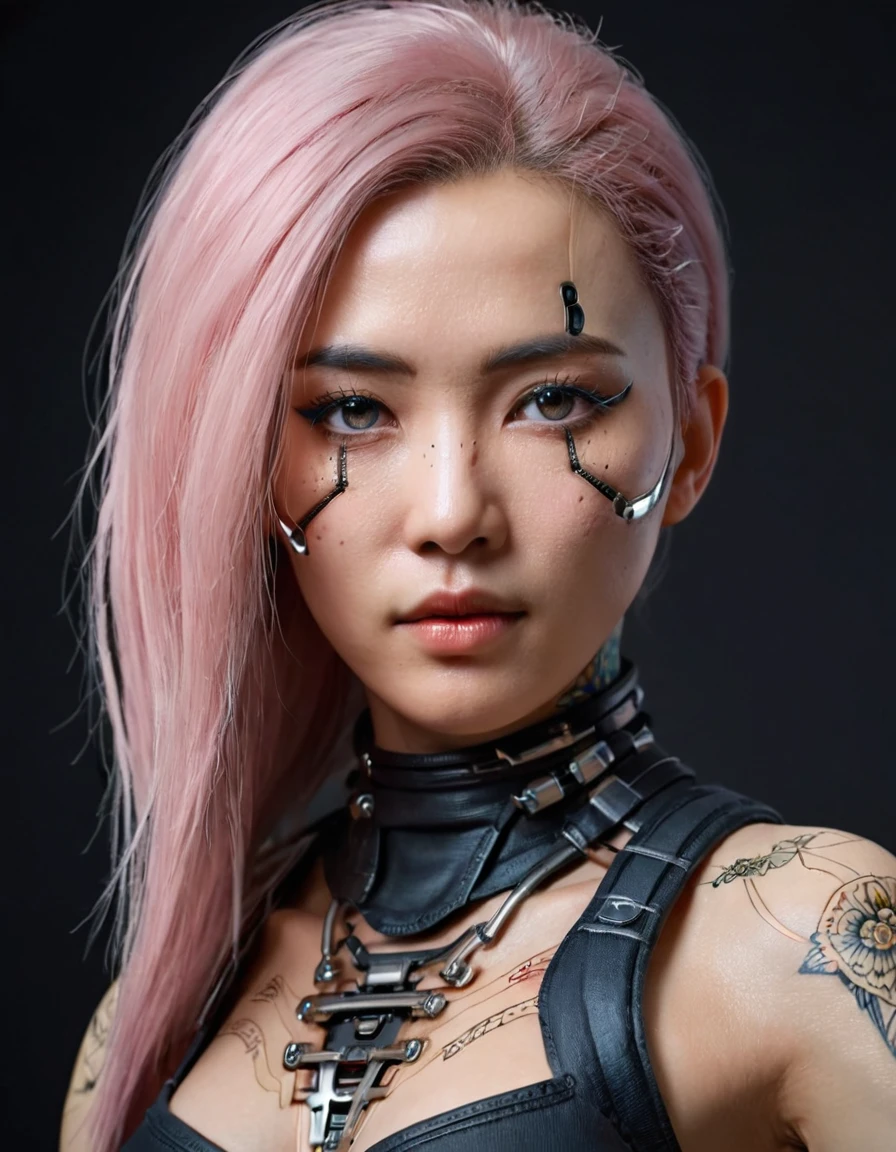 A stunning 4K photo-realistic image of a cyberpunk ninja shinobi demi-human girl with an japan face. cyborg arms, cyberware bodysuit, Her visage is adorned with intricate machine implants, These implants enable advanced sensory input and communication with her cybernetic systems. Her skin is pale, with visible scars that tell a story of her past battles and a faint line where her flesh meets the cold metal of her implants. The seams are barely noticeable, indicating skilled integration between her organic and mechanical components. Her hair is black, spiked up in an aggressive yet stylish manner. Small LED lights are integrated into the strands, flickering with various colors to match her mood. The hair is a statement piece, reflecting her rebellious spirit. The overall atmosphere of the image is captivating, photo, her body is embedded with mechanical implants under the skin, cyborg arms,  cyberware lines embedded in her face, , (Photorealsitic)、(intricate detailes:1.2)、(​masterpiece、:1.3)、beauty face, (top-quality:1.4)、(超A high resolution:1.2)、超A high resolution、(A detailed eye)、(detailed facial features), ((Realistic lighting、top-quality、8K、natural light, ​masterpiece:1.3))、bright photo, Clear focus:1.2、1girl in、flawless beauty:1.4、Superfine Face、big Narrow-eyed、double eyelid、photos realistic, perfect eyes, perfect skin, detailed skin, detailed face, looking viewer, front view, potrait, raw photo, simple soft pink background, (intricate detailed skin textured:1.4) front view, looking viewer, clear face, 1 girl、porate、Bright and very beautiful face、beautiful girl, A stunning close-up portrait showcasing the beauty of a Korean model. The composition features soft, natural lighting , bright eyes, and striking cheekbones.