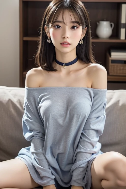 1 girl、17 year old female、cute、Gray-haired、clothing(Light blue oversized off-the-shoulder dress、Casual enough to show your underwear) And a very slim figure,,,,,、Very thin leganicules、Earrings、Pink Lip、choker、Real、Sexual、Highest quality、Detailed face、Detailed Background、Depth of written boundary、whole body viewing angle、Get on your knees and sit on the couch、Sexual、alone、night,Highest quality、High resolution、超High resolution(Real:1.4)Detailed eyes、Gradation、Perfect anatomical figure、Woman with perfect body、Highly detailed skin、非常にDetailed face、Beautiful eyes in every detail、Background Blur