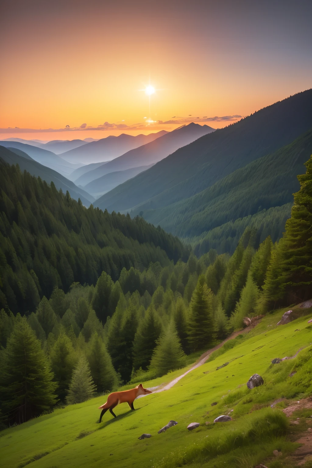 dense and lush green forest, detailed red fox running into the distance, clear sky, dawn 5:00 am, mountains, starry sky, fotogenico