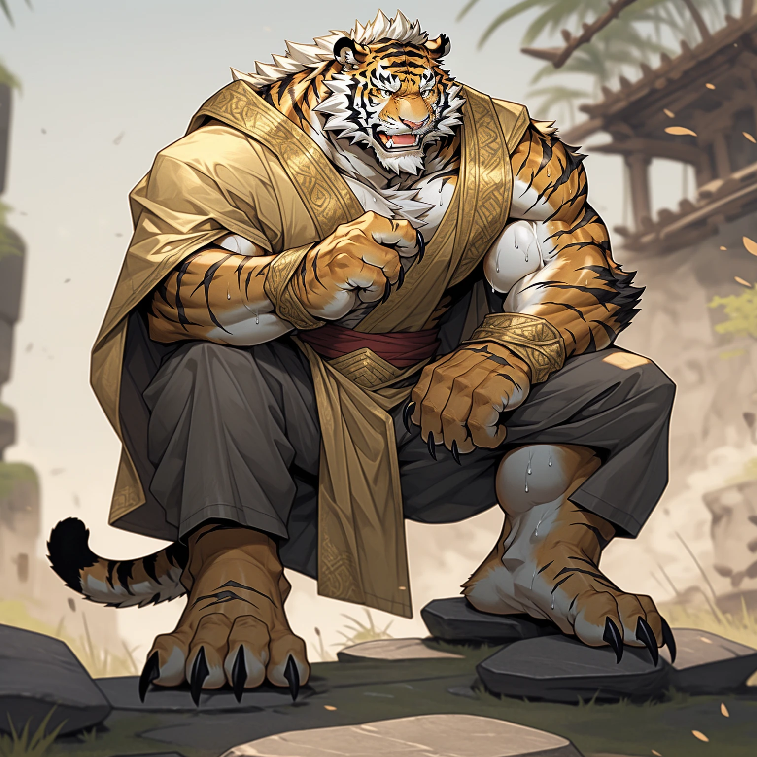 White hair on the back,金色tiger纹,白色皮毛老tiger,Strong body,Wearing imperial robes,Wearing fancy clothes,tiger, Detailed fan art,anger,Looking into the distance on the stone,pant,Sweat,White Teeth,is heavily injured,He has scars on his face.,feet focus background battlefield general feet focus,Strong claws