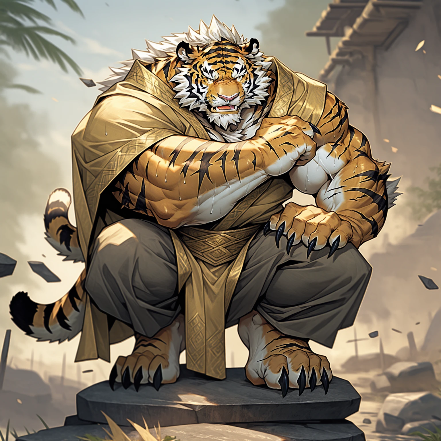 White hair on the back，金色tiger纹，白色皮毛老tiger，Strong body，Wearing imperial robes，Wearing fancy clothes，tiger, Detailed fan art，anger，Looking into the distance on the stone，pant，Sweat，White Teeth，is heavily injured，He has scars on his face.，feet focus background battlefield general feet focus，Strong claws