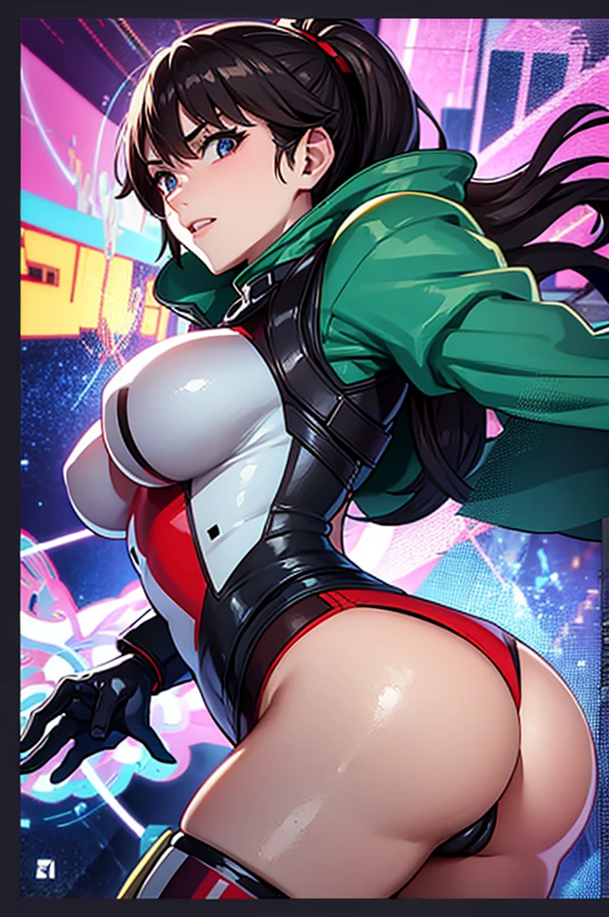 asuka in her tight eva pilot suit pointing her huge, big  at the viewer while making the peace sign with one of her hands.