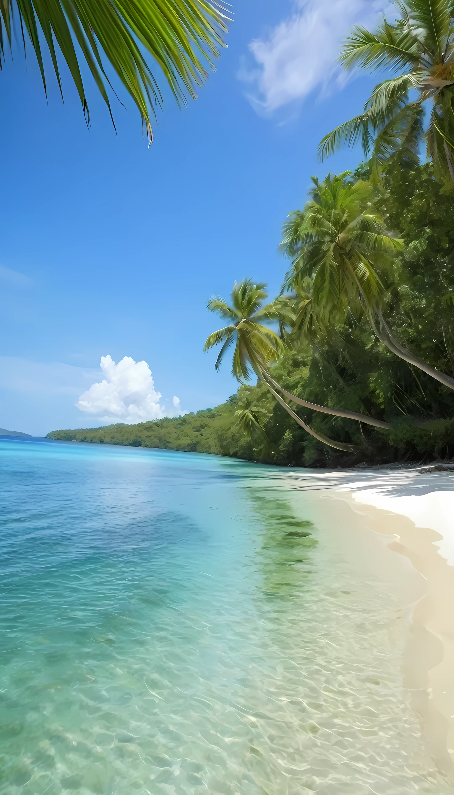 a clear sea water , wide spreading seaview at the background, greeny Tropical Jungle as the surrounding, coconut trees , white beach , 
