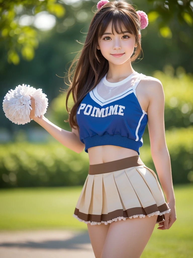 masterpiece, Highest quality, Very detailed, High resolution, (Realistic, photoRealistic:1.37), One beautiful woman, 18-year-old, sexy, Cheerleader, (Holding a pom-pom in both hands:1.3), focus, (mini skirt, Thighs:1.5)smile, cheer leading, Cheerleader uniform, Blue Tank Top, 白いマイクロプリーツmini skirt, ((Very delicate and beautiful)), (Bokeh, Blurry outdoor background), Brown Hair, Long Hair, bangs, Very beautiful face, Cute type, Big Natural Color Lip, Big and pretty eyes, Brown eyes, Obvious double, Small and cute nose, Soft Skin, (Glowing Skin, Sweaty: 1.2)'Beautiful legs, 豊満なThighs, Plump body, Huge breasts, (Expresses the roundness and softness of the chest area........1), Beautiful body, (A perfect feminine figure) , Spread your legs, (Provocative dynamic pose), Skirt flip,