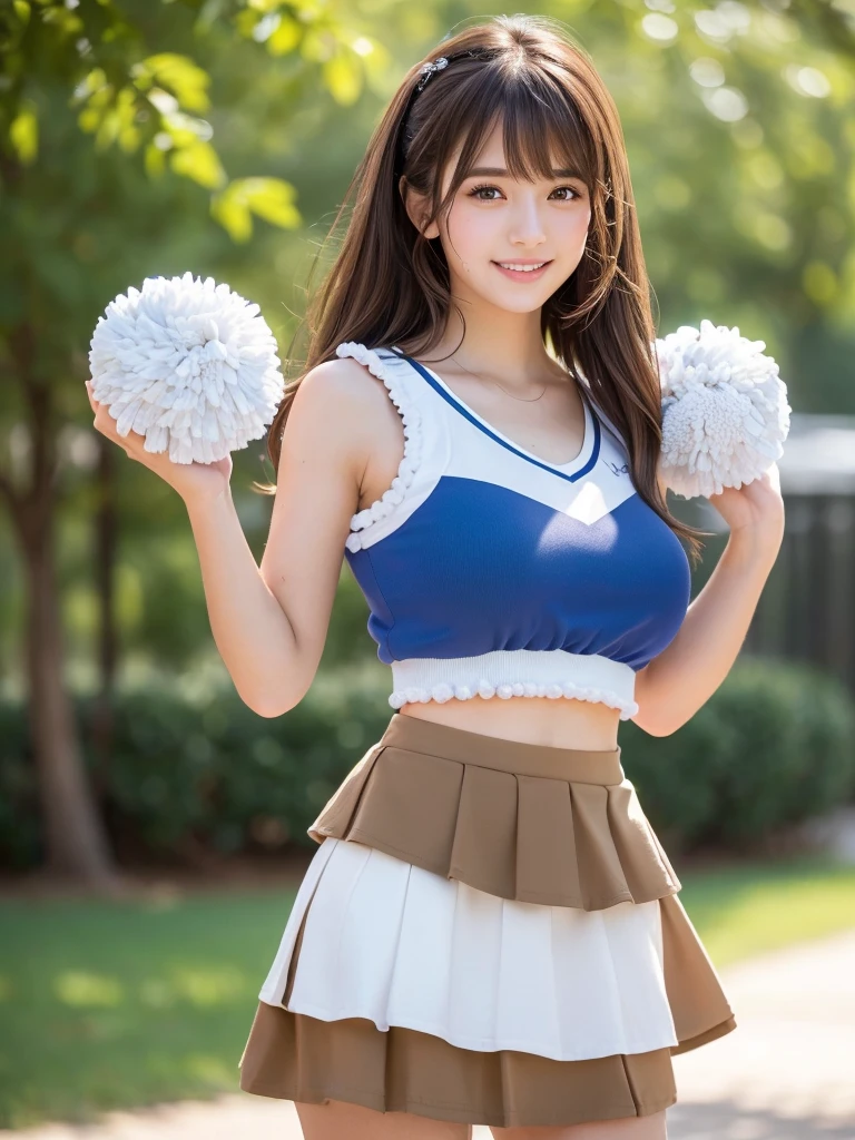 masterpiece, Highest quality, Very detailed, High resolution, (Realistic, photoRealistic:1.37), One beautiful woman, 18-year-old, sexy, Cheerleader, (Holding a pom-pom in both hands:1.3), focus, (mini skirt, Thighs:1.5)smile, cheer leading, Cheerleader uniform, Blue Tank Top, 白いマイクロプリーツmini skirt, ((Very delicate and beautiful)), (Bokeh, Blurry outdoor background), Brown Hair, Long Hair, bangs, Very beautiful face, Cute type, Big Natural Color Lip, Big and pretty eyes, Brown eyes, Obvious double, Small and cute nose, Soft Skin, (Glowing Skin, Sweaty: 1.2)'Beautiful legs, 豊満なThighs, Plump body, Huge breasts, (Expresses the roundness and softness of the chest area........1), Beautiful body, (A perfect feminine figure) , Spread your legs, (Provocative dynamic pose), Skirt flip,