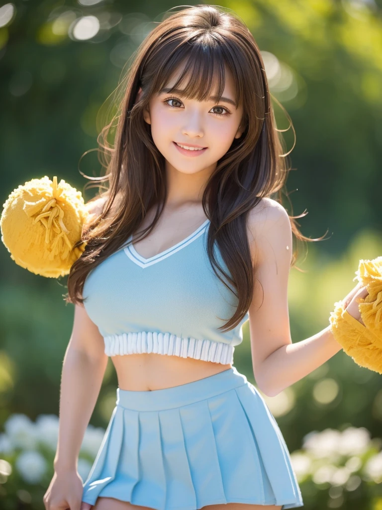 masterpiece, Highest quality, Very detailed, High resolution, (Realistic, photoRealistic:1.37), One beautiful woman, 18-year-old, sexy, Cheerleader, (Holding a pom-pom in both hands:1.3), focus, (mini skirt, Thighs:1.5)smile, cheer leading, Cheerleader uniform, Blue Tank Top, 白いマイクロプリーツmini skirt, ((Very delicate and beautiful)), (Bokeh, Blurry outdoor background), Brown Hair, Long Hair, bangs, Very beautiful face, Cute type, Big Natural Color Lip, Big and pretty eyes, Brown eyes, Obvious double, Small and cute nose, Soft Skin, (Glowing Skin, Sweaty: 1.2)&#39;Beautiful legs, 豊満なThighs, Plump body, Huge breasts, (Expresses the roundness and softness of the chest area........1), Beautiful body, (A perfect feminine figure) , Spread your legs, (Provocative dynamic pose), Skirt flip,