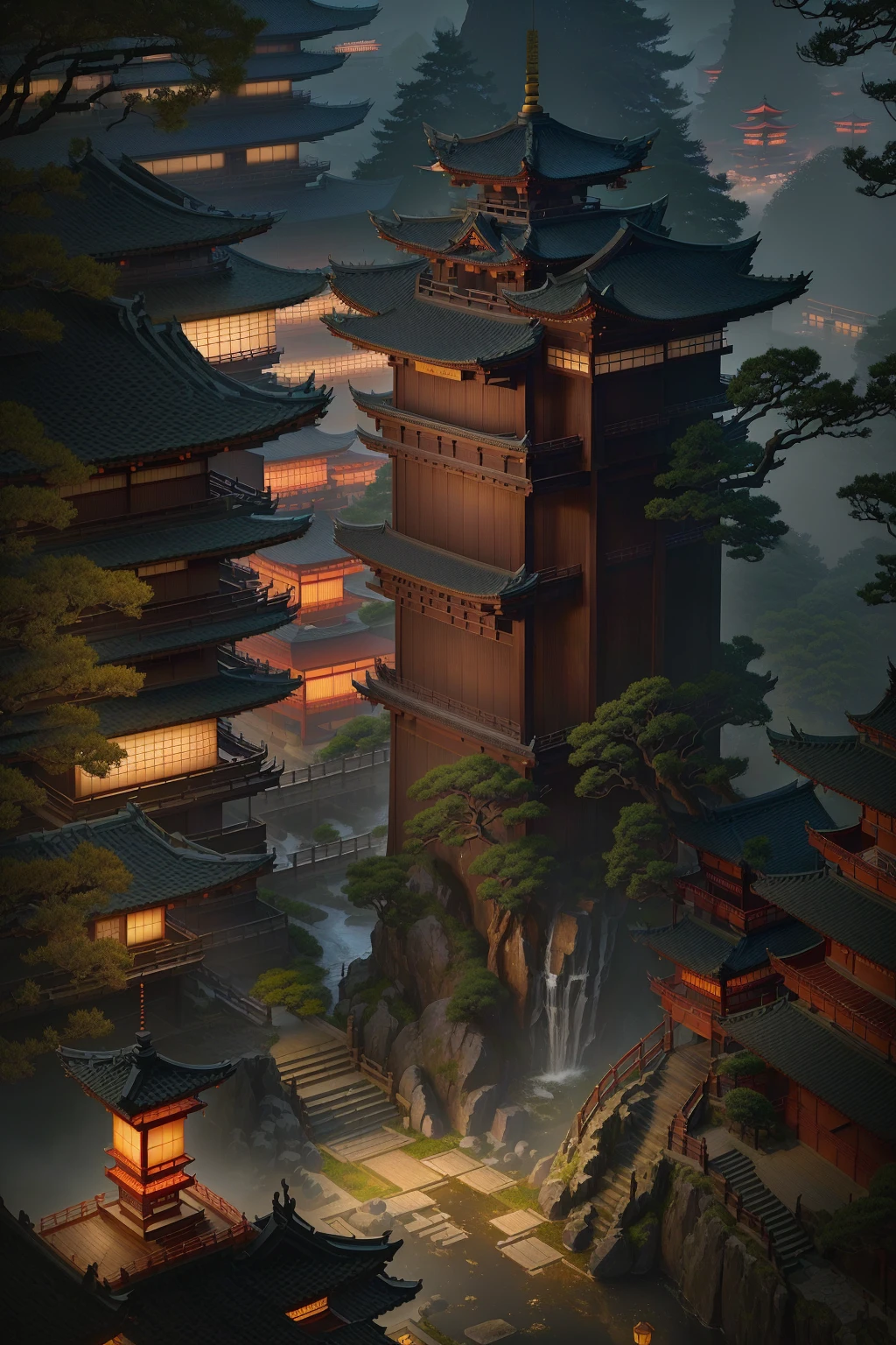 Alafeda Tower in the Japanese Garden，There are waterfalls and lanterns, Digital painting of pagoda, Japanese temples, Zen temple background, cyberpunk Japanese temples, Chinese architecture, Kyoto inspiration, Beautiful digital art work, Amazing wallpapers, Japanese architecture, Beautiful rendering of the Tang Dynasty, Detailed Landscape—Width 672, Chinese Palace, japanese shrine waterfall, Beautiful and detailed scenes，((There is a wooden bridge across the frame in the foreground1.8)) 