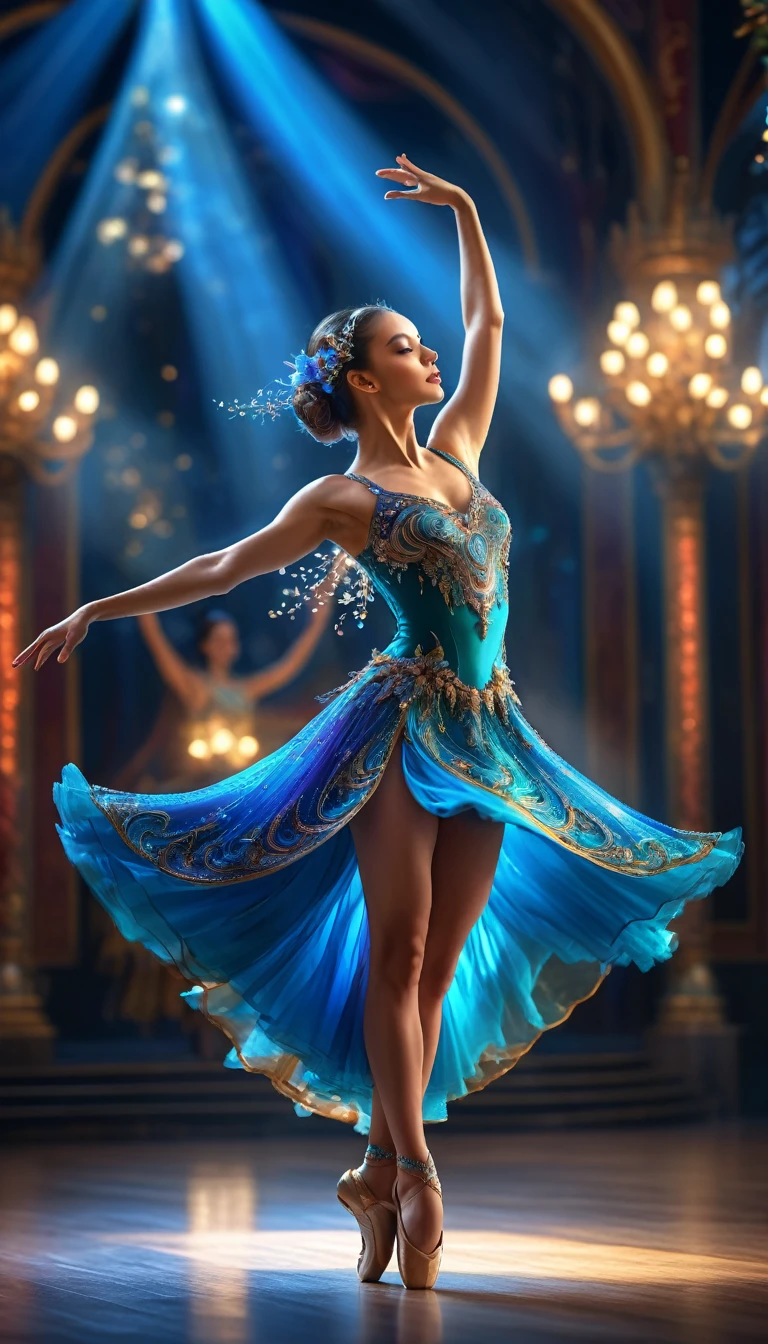 intricate fantasy dancer, full body shot, elegant dance performance on stage, beautiful detailed fantasy dress, pirouette on one leg, magical fantasy world, best quality, 4k, 8k, highres, masterpiece:1.2, ultra-detailed, realistic, photorealistic:1.37, HDR, UHD, studio lighting, ultra-fine painting, sharp focus, physically-based rendering, extreme detail description, professional, vivid colors, bokeh, fantasy art, concept art