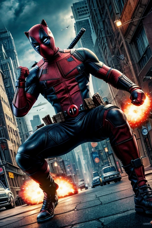 Deadpool and Wolverine 2 model,Clear colors,Fantasy style,weapon,explosions,Go Together,full height,maximum details,city,street,Clear Drawing,masterpiece,ultra detail,bright colors,Gloomy Style,cinema,Ideal Traits,Clear drawing,Wallpaper 4k Detail