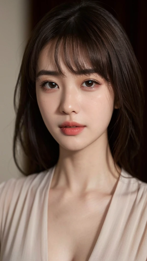 (RAW Photos, Highest quality), (Realistic, photo-Realistic:1.3),1 girl, Brown Hair, Bangs on eyebrows, Medium Hair,Realistic, 超Realistic, Cinema Lighting, 32K, Backlight, (Bright light:1.2), (Improvement of quality:1.4), (Highest qualityのリアルな質感のスキン:1.4), Beautiful Eyes, Detailed face, Face close-up,Looking into the camera, Round face,Black blouse, (Enhances the beauty of skin texture:1.1),Simple Background,Thin eyebrows,Thin lips