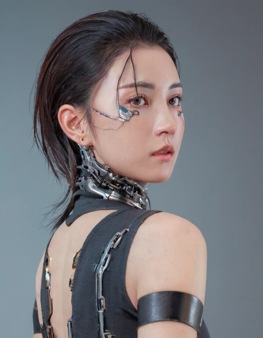 A stunning 4K photo-realistic image of a cyberpunk ninja shinobi demi-human girl with an japan face. cyborg arms, cyberware bodysuit, Her visage is adorned with intricate machine implants, These implants enable advanced sensory input and communication with her cybernetic systems. Her skin is pale, with visible scars that tell a story of her past battles and a faint line where her flesh meets the cold metal of her implants. The seams are barely noticeable, indicating skilled integration between her organic and mechanical components. Her hair is black, spiked up in an aggressive yet stylish manner. Small LED lights are integrated into the strands, flickering with various colors to match her mood. The hair is a statement piece, reflecting her rebellious spirit. The overall atmosphere of the image is captivating, photo, her body is embedded with mechanical implants under the skin, cyborg arms, cyberware lines embedded in her face, , (Photorealsitic)、(intricate detailes:1.2)、(​masterpiece、:1.3)、beauty face, (top-quality:1.4)、(超A high resolution:1.2)、超A high resolution、(A detailed eye)、(detailed facial features), ((Realistic lighting、top-quality、8K、natural light, ​masterpiece:1.3))、bright photo, Clear focus:1.2、1girl in、flawless beauty:1.4、Superfine Face、big Narrow-eyed、double eyelid、photos realistic, perfect eyes, perfect skin, detailed skin, detailed face, looking viewer, front view, potrait, raw photo, simple soft pink background, (intricate detailed skin textured:1.4) front view, looking viewer, clear face, 1 girl、porate、Bright and very beautiful face、beautiful girl, A stunning close-up portrait showcasing the beauty of a Korean model. The composition features soft, natural lighting , bright eyes, and striking cheekbones.