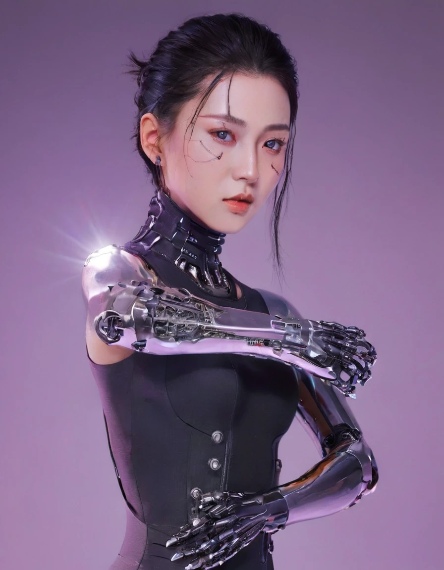 A stunning 4K photo-realistic image of a cyberpunk ninja shinobi demi-human girl with an japan face. cyborg arms, cyberware bodysuit, Her visage is adorned with intricate machine implants, These implants enable advanced sensory input and communication with her cybernetic systems. Her skin is pale, with visible scars that tell a story of her past battles and a faint line where her flesh meets the cold metal of her implants. The seams are barely noticeable, indicating skilled integration between her organic and mechanical components. Her hair is black, spiked up in an aggressive yet stylish manner. Small LED lights are integrated into the strands, flickering with various colors to match her mood. The hair is a statement piece, reflecting her rebellious spirit. The overall atmosphere of the image is captivating, photo, her body is embedded with mechanical implants under the skin, cyborg arms, cyberware lines embedded in her face, , (Photorealsitic)、(intricate detailes:1.2)、(​masterpiece、:1.3)、beauty face, (top-quality:1.4)、(超A high resolution:1.2)、超A high resolution、(A detailed eye)、(detailed facial features), ((Realistic lighting、top-quality、8K、natural light, ​masterpiece:1.3))、bright photo, Clear focus:1.2、1girl in、flawless beauty:1.4、Superfine Face、big Narrow-eyed、double eyelid、photos realistic, perfect eyes, perfect skin, detailed skin, detailed face, looking viewer, front view, potrait, raw photo, simple soft pink background, (intricate detailed skin textured:1.4) front view, looking viewer, clear face, 1 girl、porate、Bright and very beautiful face、beautiful girl, A stunning close-up portrait showcasing the beauty of a Korean model. The composition features soft, natural lighting , bright eyes, and striking cheekbones.