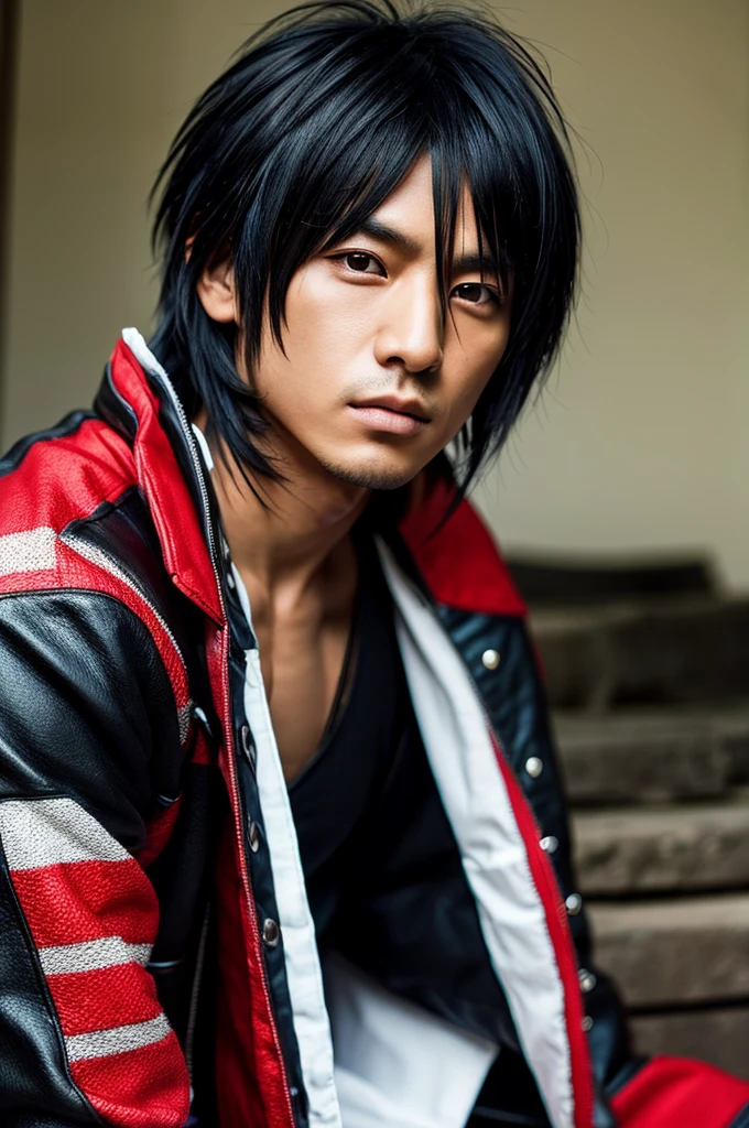 1 Japanese rocker, male, Asian eyes, Visual kei hairstyle, pretty face, hyperrealistic, realistic representation, ultra detailed face and eyes, muscular, broad shoulders, rocker clothing, 40 years, black hair