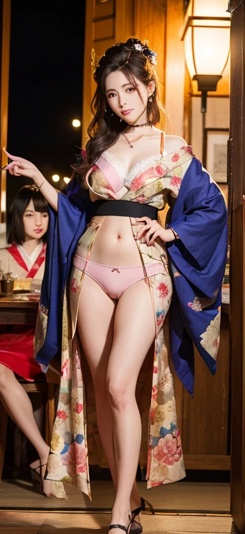 oiran、More than one person、((Three women:1.5))、Three people lined up、On the chest、tattoo、Clothes got wet、Hair tied up、Full body photo、Sexy Face、short hair、 A look of complete lust、(((masterpiece)))、((Highest quality))、((超Realistic)),Very detailed、The perfect temptation、Best image quality、Fine-grained image quality、beautiful,jewelry, Realistic, High resolution, Soft Light,Hip Up, Glowing Skin, (Detailed face),tattoo, jewelry, , night, bionde, Wavy Hair,Attractive appearance, smile, Perfect Style, perfect balance, (Realistic:1.3,Visual Arts,Written boundary depth、Highest quality,32K quality,masterpiece:1.3,High resolution,Tabletop:1.2),With a girl(21 years old, kimono, Golden Good,Pale pink underwear, Golden Choker),(Long Hair:1.2,bionde:1.3), blue eyes, Clothes come off,I can see your thighs,I can see your pants,Perfect face with attention to detail:1.5,normal hand:1.5,normal finger:1:5,Normal legs:1.5,new year,shrine,Backstreets,background(Shining meteors,golden dragon flying),Exquisite design,Best lighting,