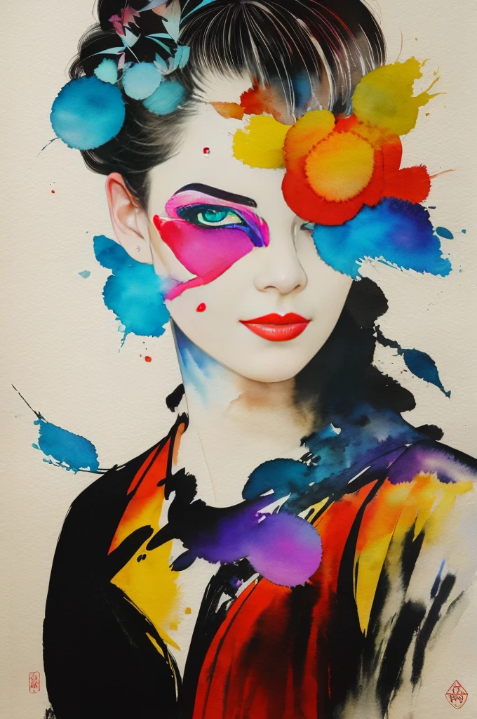 painting of a woman with a face in black and white, watercolors sylvia pelissero, vase, Abstract art, Intense watercolor painting, Detailed watercolor art, watercolor splash, surreal, avant-garde pop art, Beautiful and expressive paintings., beautiful artwork illustration, very colorful tones, marvelous, fresh beauty, of the highest quality,official art, Only women, sharp contour, best shot, vector art, Written by Sandra Chevrier, David McKean、por Richard Avedon、Written by Makiezi Kusiala