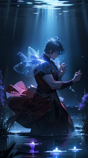 A muscular prince playing in water, haunting, mysterious, sadness, bioluminescent flowers on water, dark red dress with rainbow crystals, magical, bioluminescent pond, dark room, dungeon, candle lights