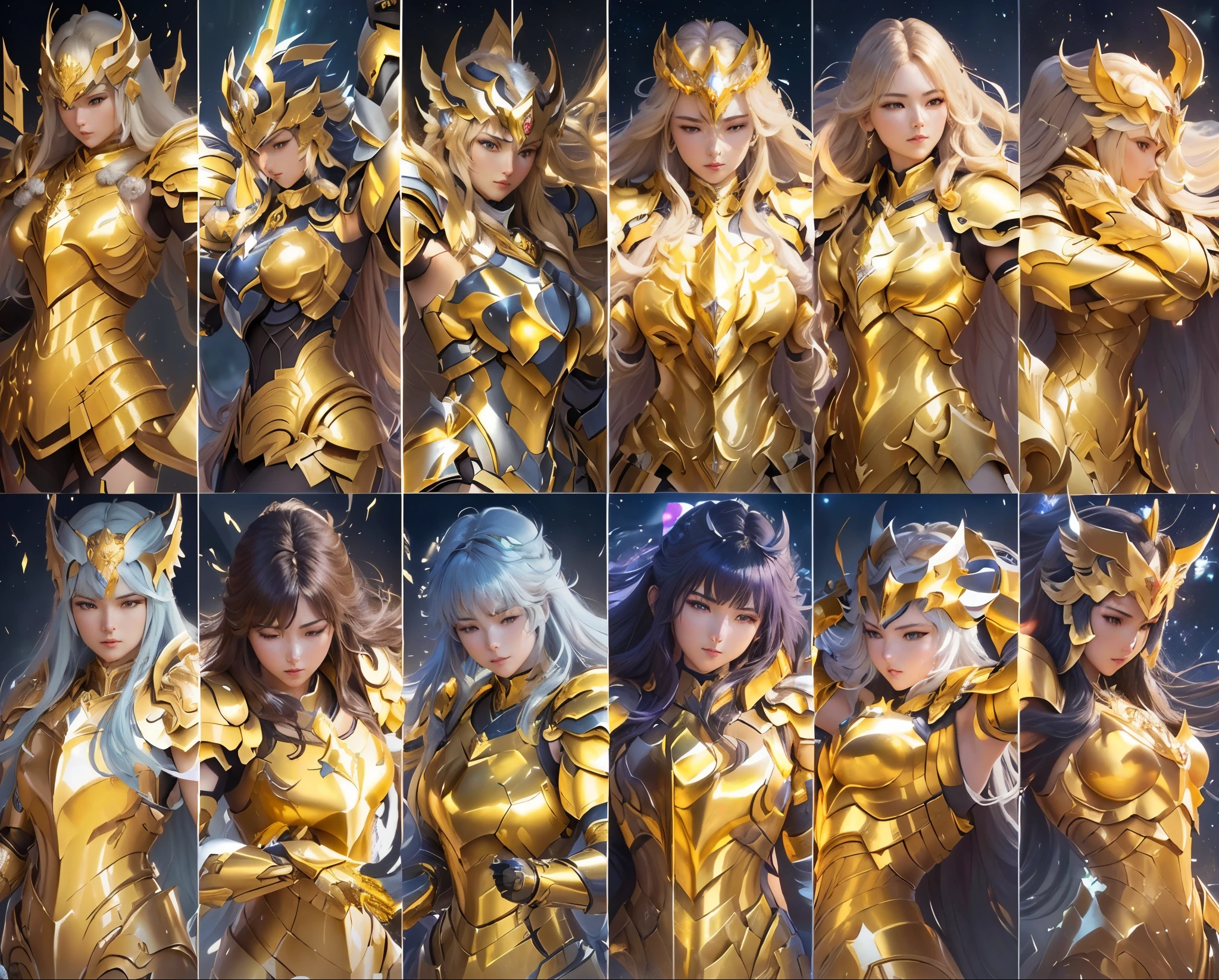 A group of women in armor pose for photos in different poses, Saint Seiya, Zodiac Knight Girl, unreal engine render Saint Seiya, portrait Zodiac Knight Girl, gemini gold cloth, Cute Internet God, Art Germ AG, 3840 x 2160, 3840x2160, Light from the right