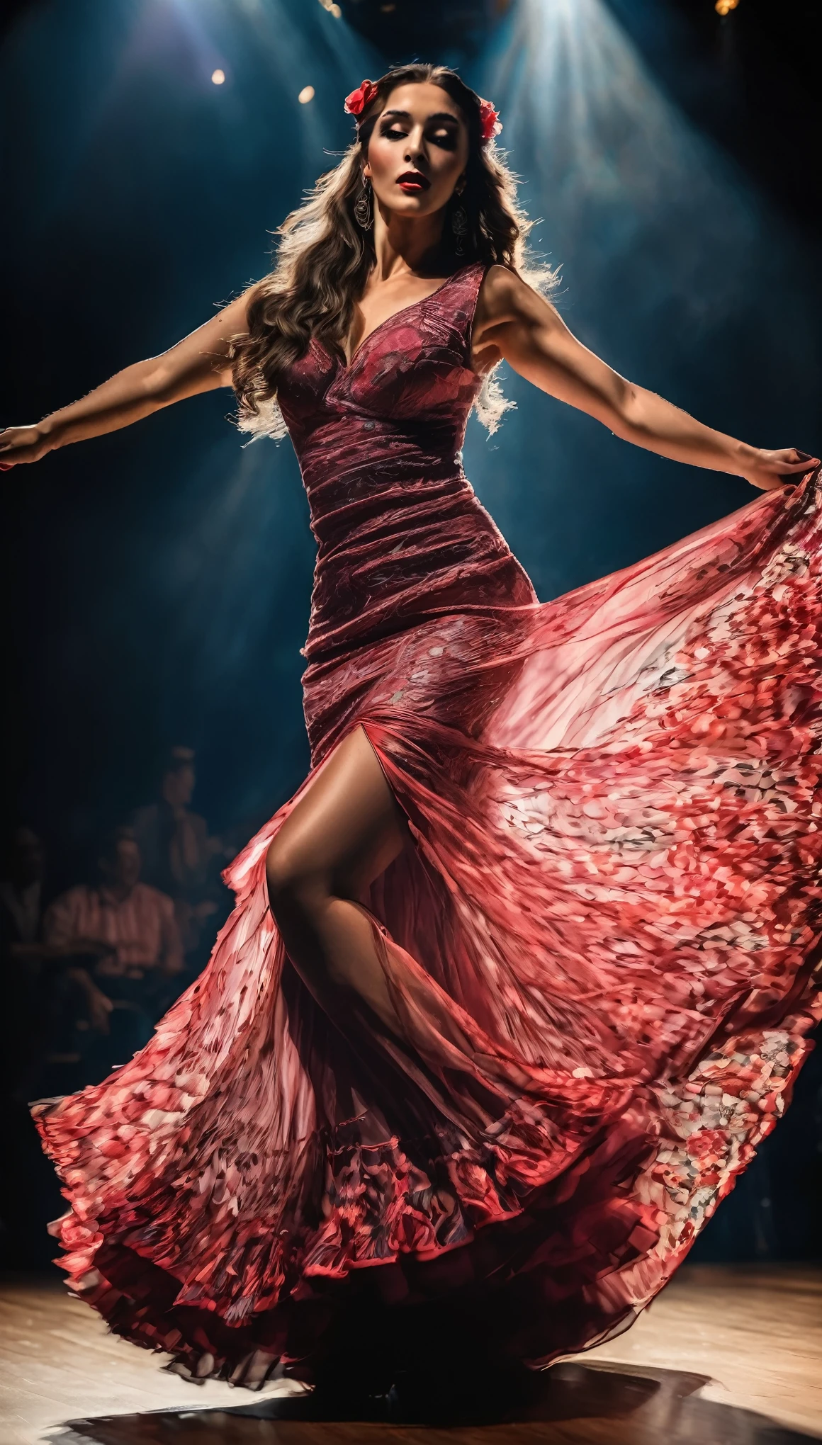 Highest quality, Realistic, photoRealistic, Award-winning photography, (Intricate details: 1.2), (Subtle details), (Intricate details), (Cinematic Light, Super sexy long hair woman, flamenco dancer, dance stage, huge bouncing chests, sexy long legs, dynamic sexy pose, sexy flamenco dancer's dress, long skirt, high heels, , Full body close-up),