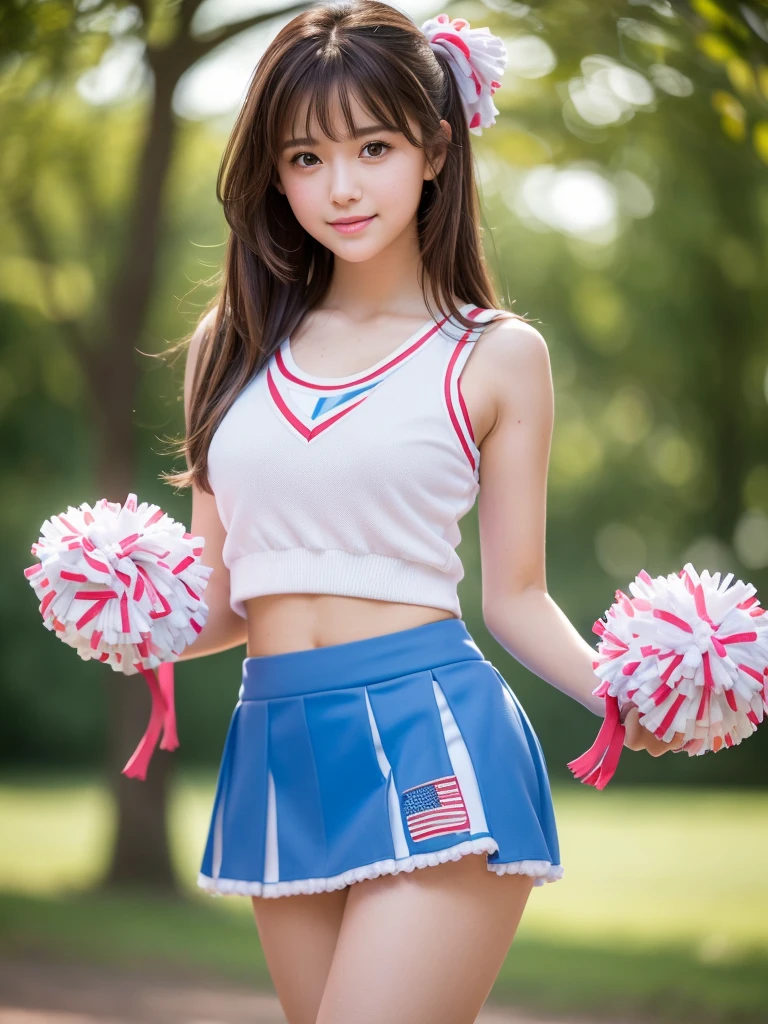 masterpiece, Highest quality, Very detailed, High resolution, (Realistic, photoRealistic:1.37), One beautiful woman, 18-year-old, sexy, Cheerleader, (Holding a pom-pom in both hands:1.3), focus, (mini skirt, Thighs:1.5)smile, cheer leading, Cheerleader uniform, Blue Tank Top, 白いマイクロプリーツmini skirt, ((Very delicate and beautiful)), (Bokeh, Blurry outdoor background), Brown Hair, Long Hair, bangs, Very beautiful face, Cute type, Big Natural Color Lip, Big and pretty eyes, Brown eyes, Obvious double, Small and cute nose, Soft Skin, (Glowing Skin, Sweaty: 1.2)'Beautiful legs, 豊満なThighs, Plump body, Huge breasts, (Expresses the roundness and softness of the chest area........1), Beautiful body, (A perfect feminine figure) , Spread your legs, (Provocative dynamic pose), Skirt flip,