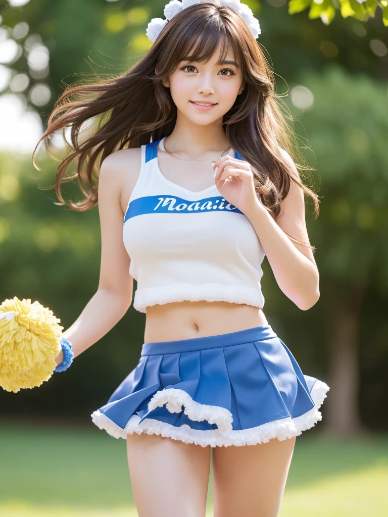 masterpiece, Highest quality, Very detailed, High resolution, (Realistic, photoRealistic:1.37), One beautiful woman, 18-year-old, sexy, Cheerleader, (Holding a pom-pom in both hands:1.3), focus, (mini skirt, Thighs:1.5)smile, cheer leading, Cheerleader uniform, Blue Tank Top, 白いマイクロプリーツmini skirt, ((Very delicate and beautiful)), (Bokeh, Blurry outdoor background), Brown Hair, Long Hair, bangs, Very beautiful face, Cute type, Big Natural Color Lip, Big and pretty eyes, Brown eyes, Obvious double, Small and cute nose, Soft Skin, (Glowing Skin, Sweaty: 1.2)&#39;Beautiful legs, 豊満なThighs, Plump body, Huge breasts, (Expresses the roundness and softness of the chest area........1), Beautiful body, (A perfect feminine figure) , Spread your legs, (Provocative dynamic pose), Skirt flip,