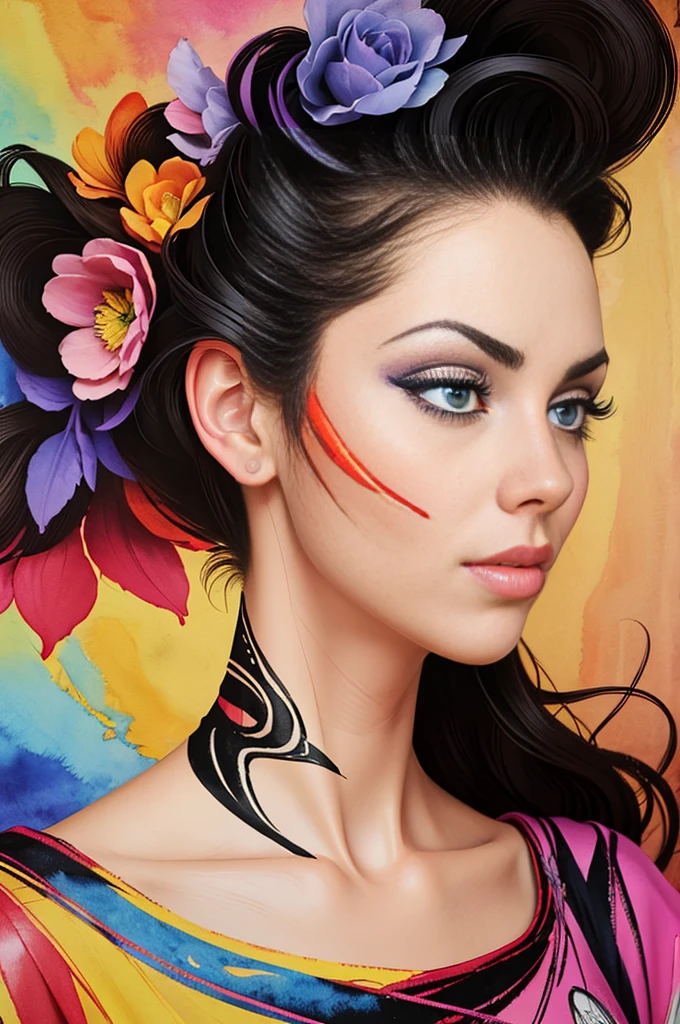 painting of a woman with a face in black and white, watercolors sylvia pelissero, vase, Abstract art, Intense watercolor painting, Detailed watercolor art, watercolor splash, surreal, avant-garde pop art, Beautiful and expressive paintings., beautiful artwork illustration, very colorful tones, marvelous, fresh beauty, of the highest quality,official art, Only women, sharp contour, best shot, vector art, Written by Sandra Chevrier, David McKean、por Richard Avedon、Written by Makiezi Kusiala