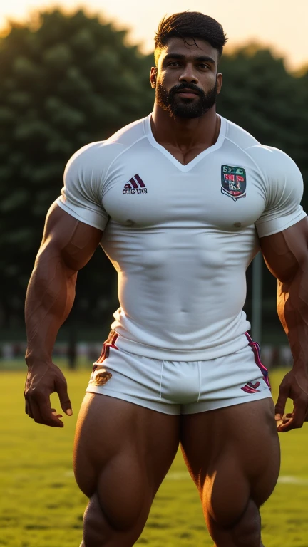 30 years old little mustach Desi mascular dark skin jaat with wetty white shirt with sweat, Full body, rugby player, sport tight pants, vpl, rugby esportive dirty uniform , captivating large eyes, large lips, volumeric light, wearing team rugby uniform, muscular chest, long legs, left neck look, neck tribal tattoo, Wide shoulders, nice detailed hands, field rugby bokeh background, colorful golden-hour vivid colors.