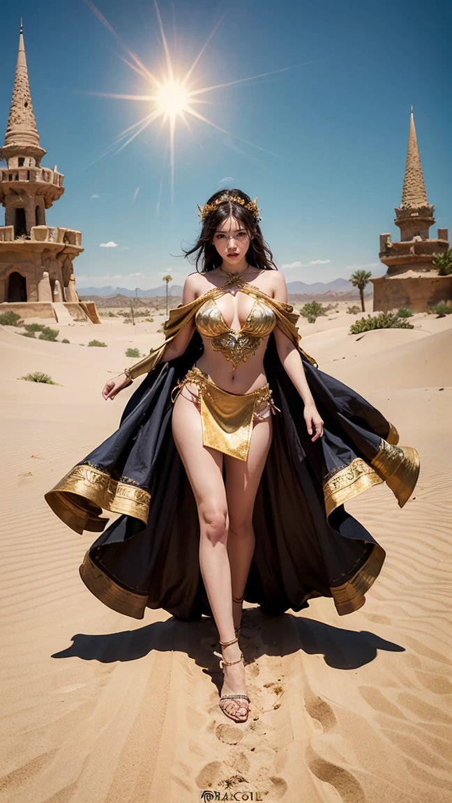 Create an image of Cassiopeia in her Sands of Time skin from League of Legends by Riot Games,massive k-cups, She wears an elaborate, desert-themed outfit with intricate golden patterns and flowing, sandy drapery. The background is an ancient, sun-drenched desert with towering pyramids and swirling sandstorms.