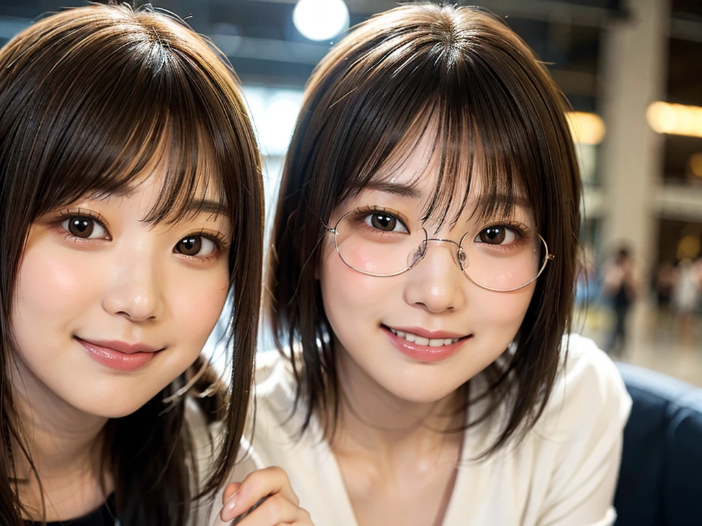 masterpiece, Highest quality, Portrait of a Girl,Japanese girl wearing casual clothes at the shopping mall, Looking at the audience, posing with a smile (Highest quality, masterpiece))), High resolution, Very detailed, masterpiece, Cinema Lighting, (8k, Highest quality, masterpiece: 1.2), (Realistic, photoRealistic: 1.37) High resolution, Very detailedな, 1 girl, Woman wearing glasses, Deer antlers on either side of the head,Round glasses with thin frames, Light colored glasses frames, Asian, cute, cute face, alone, short hair 1.2, Rough skin, beautiful smile, Beautifully detailed skies, Details Cafe, night, Cinema Lighting, Written boundary depth, Lens flare light, Sitting, On a date, (blush), (smile: 1.15), Small breasts (Shut your mouth.), Beautiful eyes in every detail, (short hair: 1.2), Floating Hair Nova Frog Style,