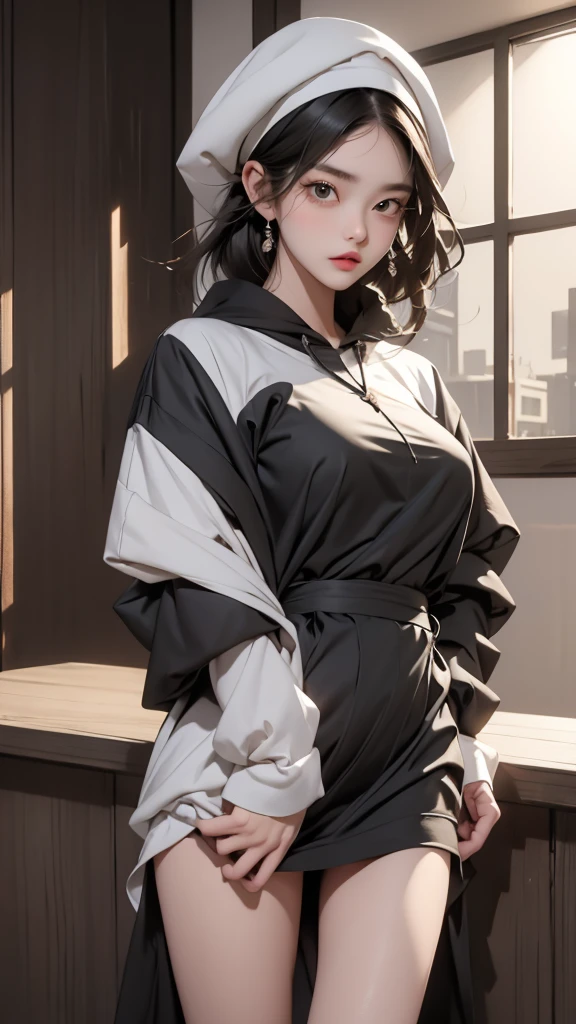 sparrow, a black haired girl, wearing a white hoody, short hair, messy hair, black skirt, yellow hoody, slim body, she have a handycam, medium breasts, she close her left eye, shirt ornament, lolippai, white beret, serious face, beautiful breasts, rounded breasts