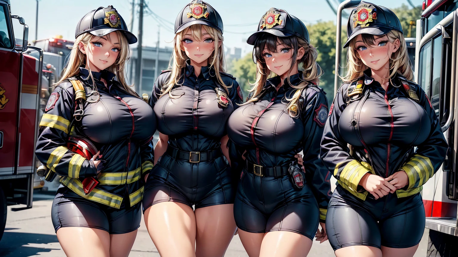 a firefighter girl, sexy body, ((big breasts)), big hips, thick thighs, beautiful face, beautiful eyes, smiling, blushing, standing, (various hair colors, various eye colors, various hairstyles), ((firefighter uniform, firefighter woman, firefighter, firefighter gear)), perfect hands, perfect fingers, high quality picture, high resolution, very detailed, 8k resolution
