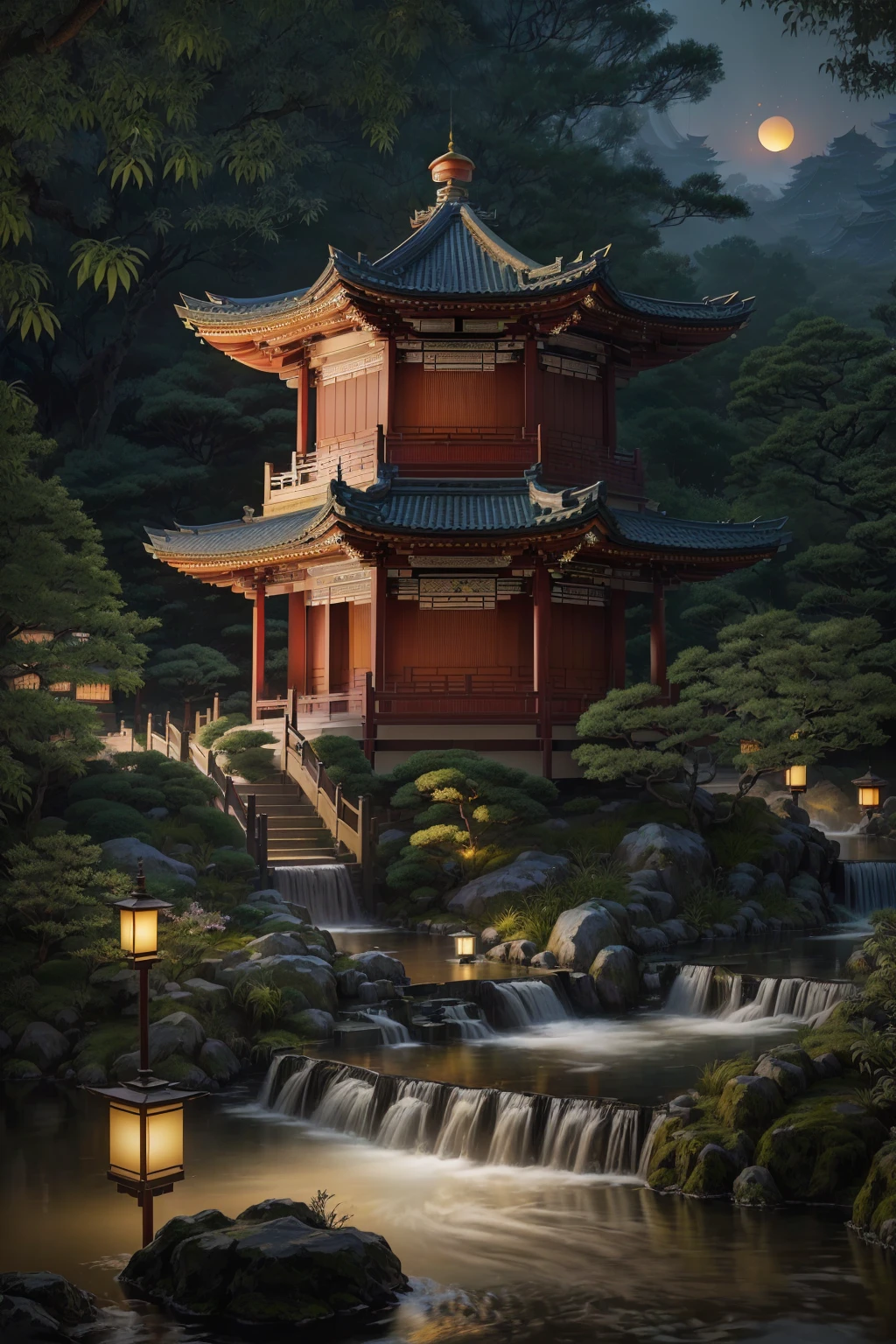 Alafeda Tower in the Japanese Garden，There are waterfalls and lanterns, Digital painting of pagoda, Japanese temples, Zen temple background, cyberpunk Japanese temples, Chinese architecture, Kyoto inspiration, Beautiful digital art work, Amazing wallpapers, Japanese architecture, Beautiful rendering of the Tang Dynasty, Detailed Landscape—Width 672, Chinese Palace, japanese shrine waterfall, Beautiful and detailed scenes，((There is a wooden bridge across the frame in the foreground1.8)) 
