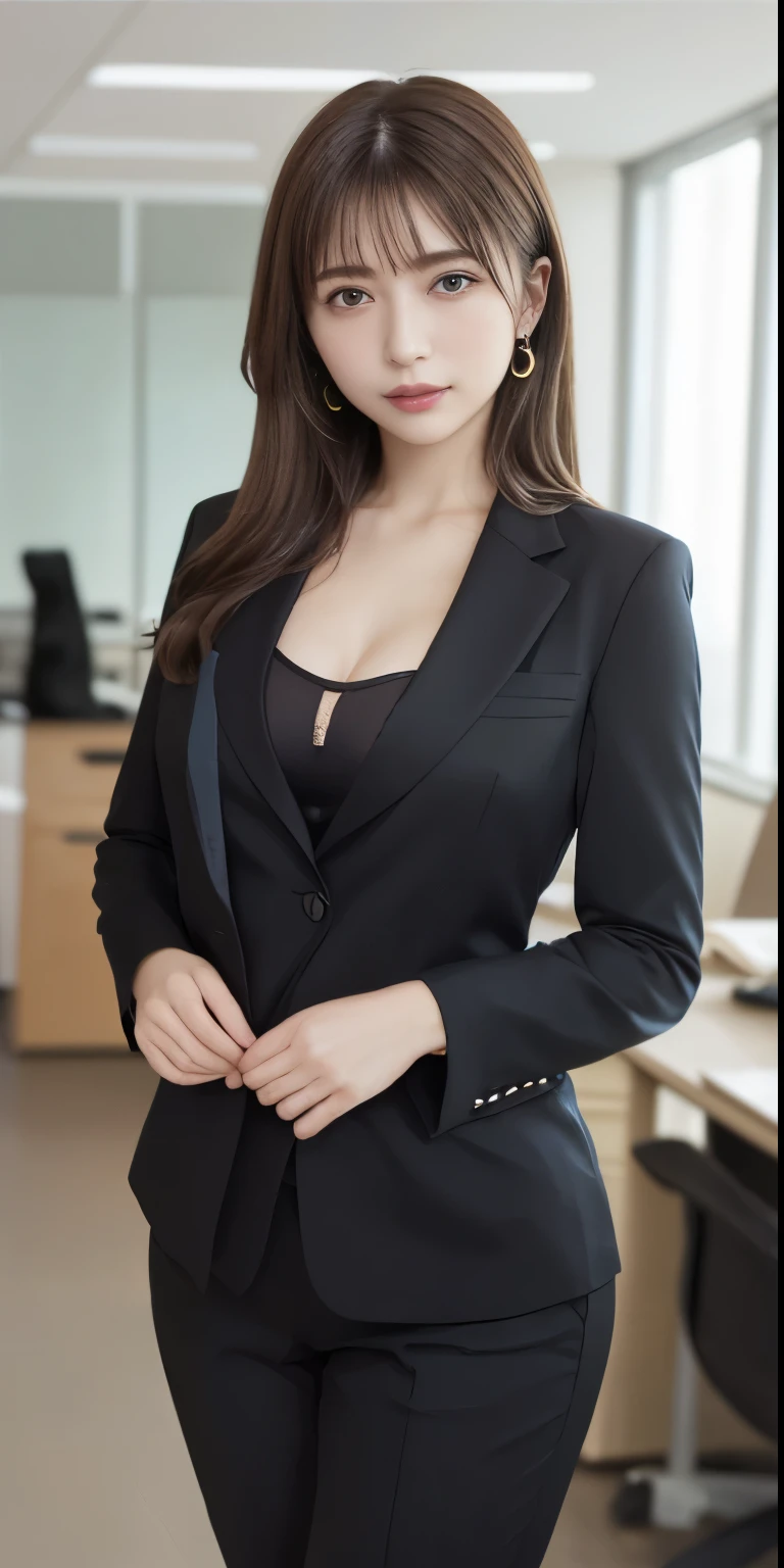 best masterpiece、Highest quality、shape、Very detailed、High resolution、8K wallpaper、Perfect dynamic shape、Beautiful and exquisite、Natural color lip, Random Sexy pose,A very kind smile、17-year-old girl、cute、expensive、(Highest quality:1.3)、(masterpiece:1.3)、(The Very detailed手の指:1.3)、(wallpaper, One Girl:1.1)、(Delicate hands and fingers:1.2)、(Detailed super oily shiny skin:1.1)、Beautiful and lustrous thighs、(Sexy black office suit style、The chest is exposed:1.7)、(Saggy and firm big breasts:1.4)、slender body shape、Brown hair head、(Stable expression:1.5)、((Random hairstyles for medium length hair:1.3))、Beautiful sister、(Model standing in front:1.4)、Sexy pose、(((modern office building background:1.6)))、((Very firm and large breasts:1.1))、(Beautiful double eyelids:1.3)、Looking into the camera、Pelvic expanse、Perfect lighting、Draw the whole body、Pants look、Topless under the jacket、