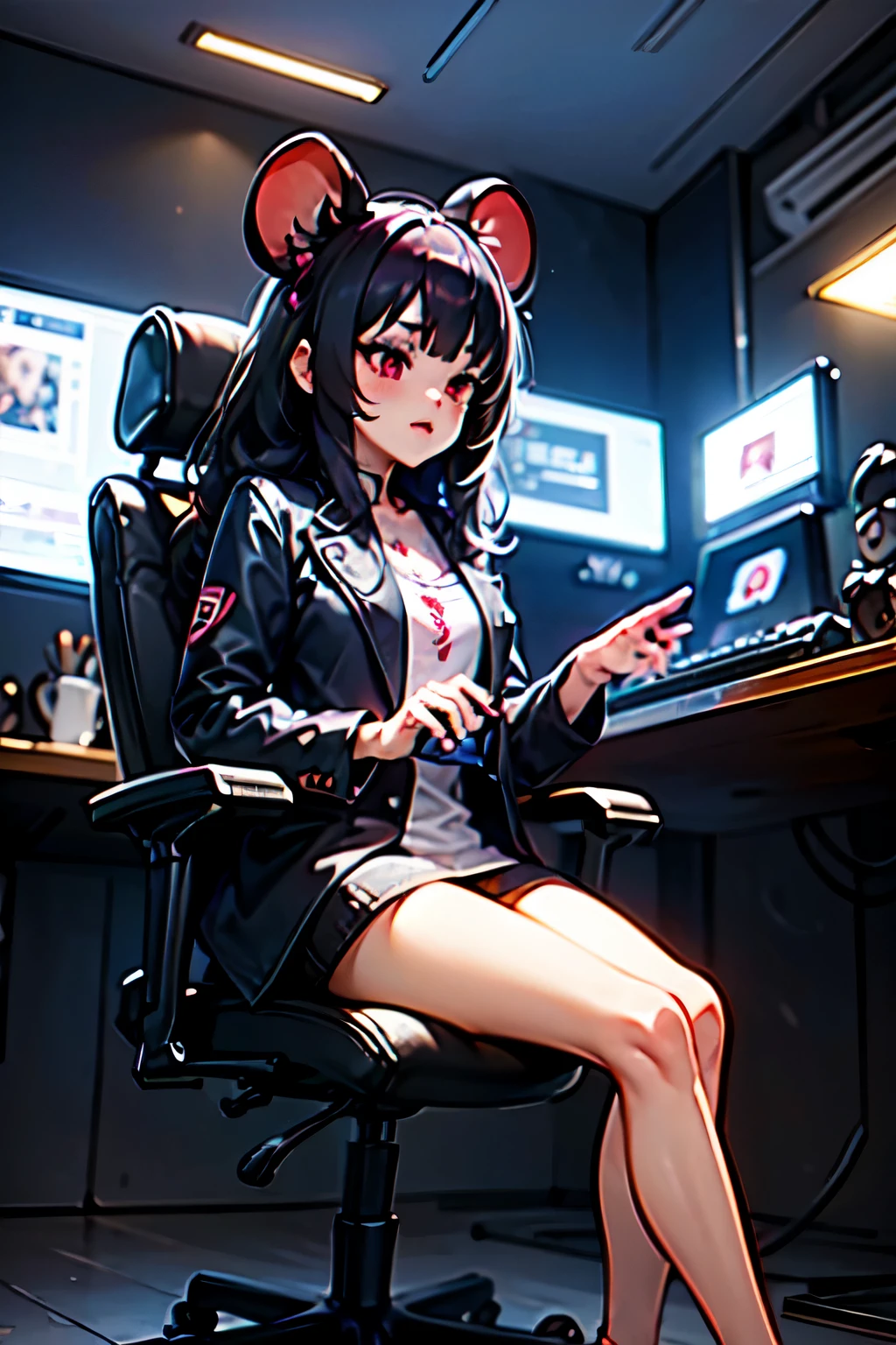 (junkotvv, cabello negro, orejas de gato, ojos rojos), The room is dark, but LED indirect lighting and LED PC parts illuminate the inside of the PC, making it bright.The keyboard is also a model with blue LEDs that shine in the gaps, and the mouse has a logo that glows with red LEDs.
A girl is wearing VR goggles in her housecoat, holding a VR controller and playing some game, sitting on a gaming chair, her legs raised on the edge of the gaming chair. There is,