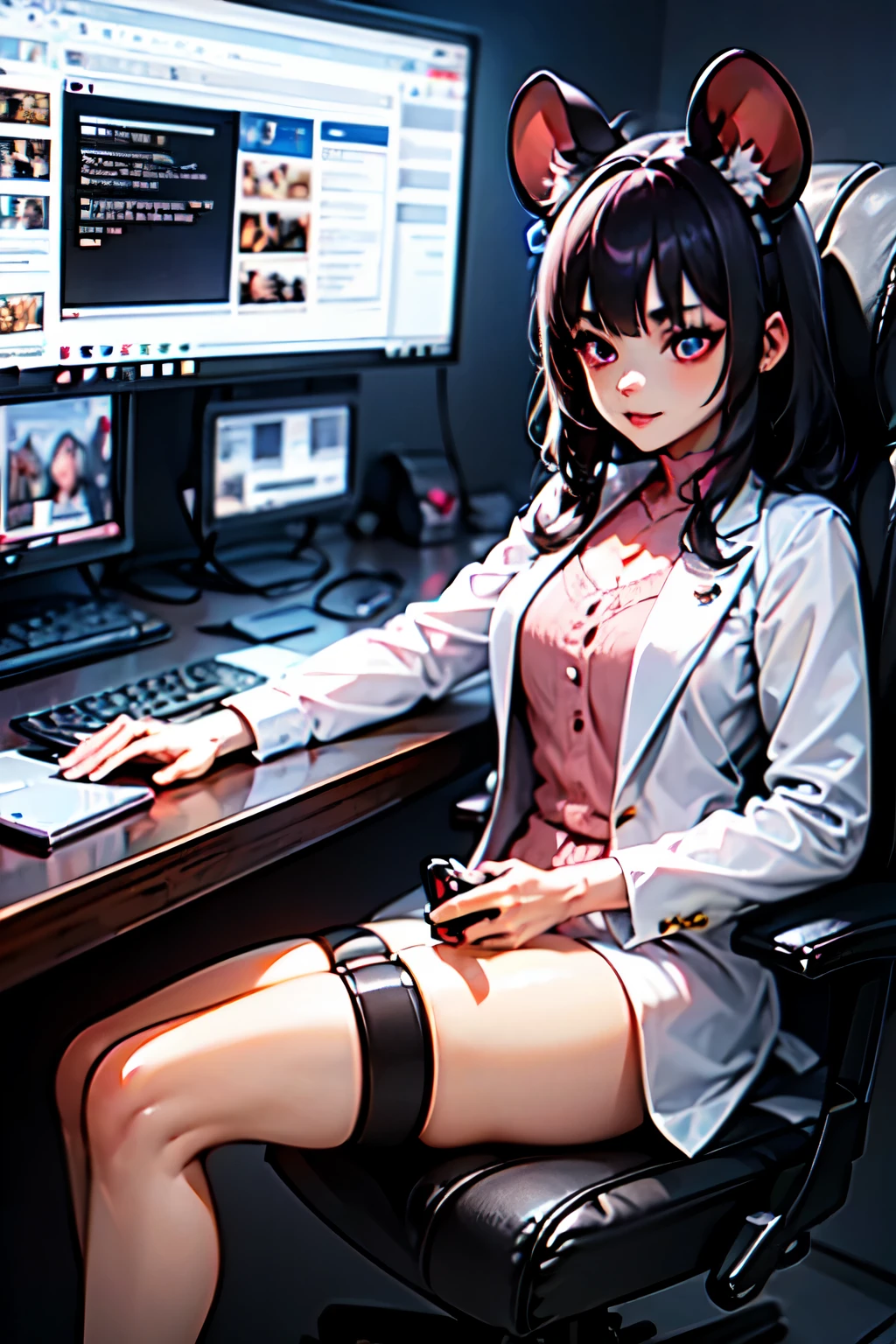 (junkotvv, cabello negro, orejas de gato, ojos rojos), The room is dark, but LED indirect lighting and LED PC parts illuminate the inside of the PC, making it bright.The keyboard is also a model with blue LEDs that shine in the gaps, and the mouse has a logo that glows with red LEDs.
A girl is wearing VR goggles in her housecoat, holding a VR controller and playing some game, sitting on a gaming chair, her legs raised on the edge of the gaming chair. There is,