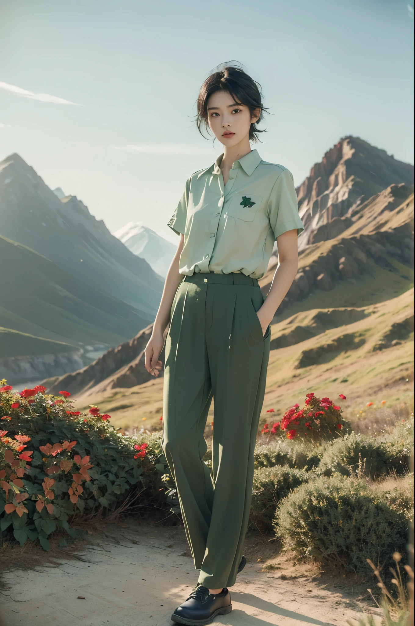 (((best quality))),(((ultra detailed))),(((masterpiece))),illustration,((1 beautiful girl,tomboy,solo)),(short black hair:1.3),((slim,thin)),((small breasts,thin)), vigorous, confident, (light green collared short-sleeved shirt:1.3), (dark green pants:1.2),(black shoes:1.2),(standing:1.3),simplicity, robustness, strong features, (Abandoned Gobi Scene:1.3),(Rock surface:1.2),glowing eyes, rebellious, sensible, (mountainous landscape:1.3), (beside a vibrant red flower:1.3),elegance, unyielding spirit, youthful beauty, strength, resilience, adversity, challenges,((from front,full body))