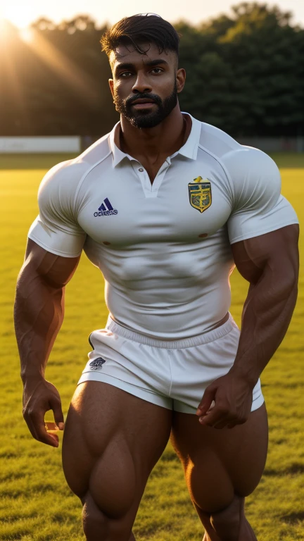 30 years old little mustach Desi mascular dark skin jaat with wetty white shirt with sweat, Full body, rugby player, sport tight pants, vpl, rugby esportive dirty uniform , captivating large eyes, large lips, volumeric light, wearing team rugby uniform, muscular chest, long legs, left neck look, neck tribal tattoo, Wide shoulders, nice detailed hands, field rugby bokeh background, colorful golden-hour vivid colors, sunny day, daylight