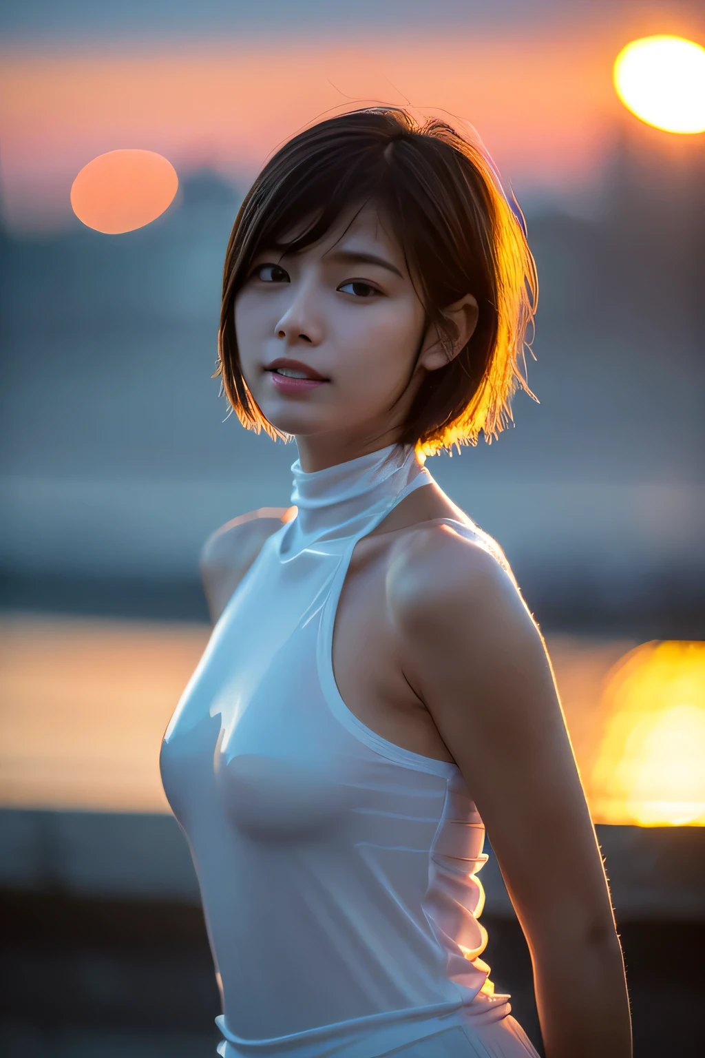 (Hyper Reality: 1.35), (Realistic: 1.4), A beautiful Japanese woman, smile, alone. light makeup, masterpiece, 最high quality, high quality, alone, Very good, puberty, Only one girl, Well-trained slim body, muscular, slim body, breasts apart, (最high quality)),((Very delicate and beautiful)),((Very shallow depth of field)), ((Incredibly shallow depth of field)). family friendly, ((Very delicate and beautiful)), (((Very shallow depth of field))), (((Unbelievably absurd))), dark brown hair, blowing boyish bob hair, shag messy hair, wolf cut, big hair, windで揺れる髪, Slim body type, ((( Camera Eye)))), (((small ))), Looks like a salon model, Cool face, Neutral facial features,(ecstasy:1.3) ,(slut:1.2),(vulgarity:1.3),(fucked silly:1.1),(steam:1.1),(Wet:0.8),(trembling:0.8),(tears:0.7) ,(drooling:0.6),(sweat:0.8),open mouth, poor, my + background, Dynamic Angle, Focus on women, {Particles of light}, Detailed background, Soft lighting, (dramatic), sunset, very beautiful sunset, Live Action, Realistic, (blurred background), 11 years old, (((wind))), ((Movement)), ((emotion)), ((colorful)), ((Baby Face)), Wither, sea background, No makeup, high neck, Sleeveless, silver latex, turtleneck, (((whole body))), (((knees))), walking,