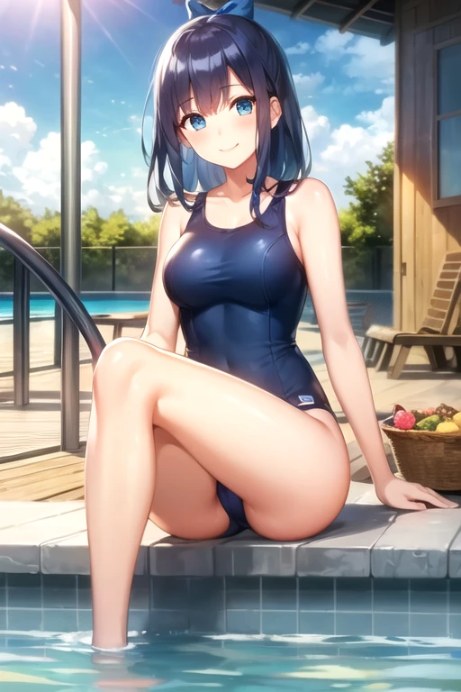 ((hdr, highest resolution, best quality, beautiful, raw image)),1girl, , blue hair, hair bow , (blushing:1.1), smiling, blue eyes, full body, slender, (medium breasts), thighs, , blue swimwear, outdoor pool ,float ring,
