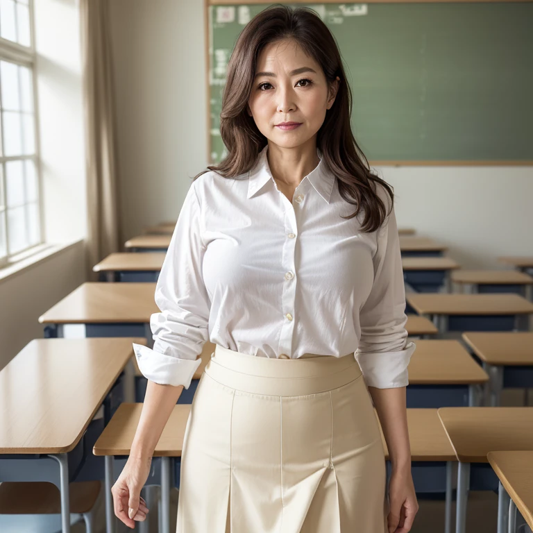 High resolution, High-level image quality, High definition, masterpiece, 8k, Anatomically correct, Professional Lighting, sharp, White Photo,
((Japanese , 90 years old, Beautiful female teacher)), One person, ((Facial wrinkles)), Shapely large breastight, light brown, long hair that reaches the shoulders, Chubby body type, 
((School classroom, Standing upright, holding the attendance book and looking at the viewer)), 
(((A thin white summer buttoned shircked into a skirt, Tight white long er skirt))), 
Composition from knee to head

