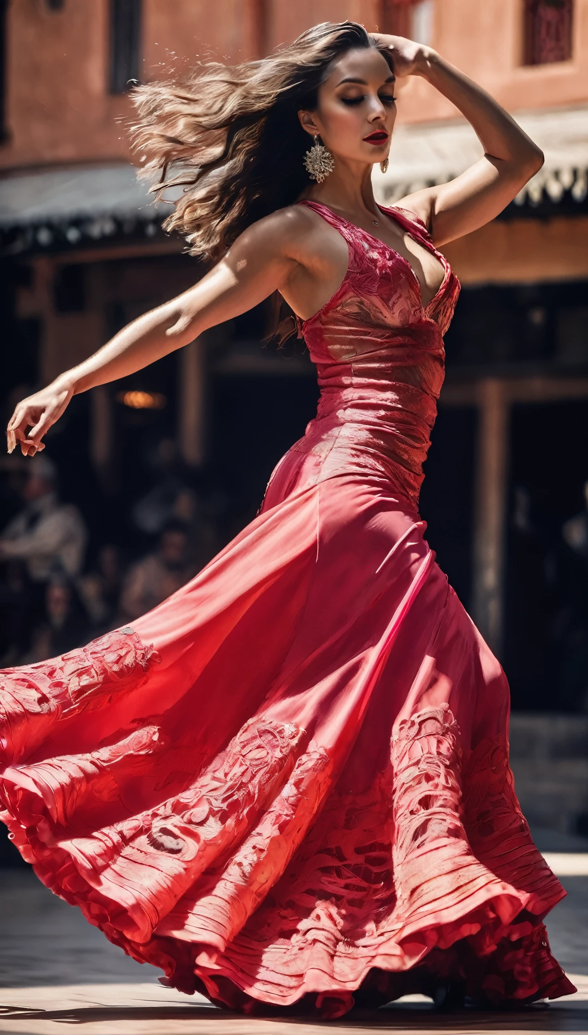 Highest quality, Realistic, photoRealistic, Award-winning photography, (Intricate details: 1.2), (Subtle details), (Intricate details), (Cinematic Light, Super sexy long hair woman, flamenco dancer, dance stage, huge bouncing chests, sexy long legs, dynamic sexy pose, sexy flamenco dancer's dress, long skirt, high heels, , Full body close-up),