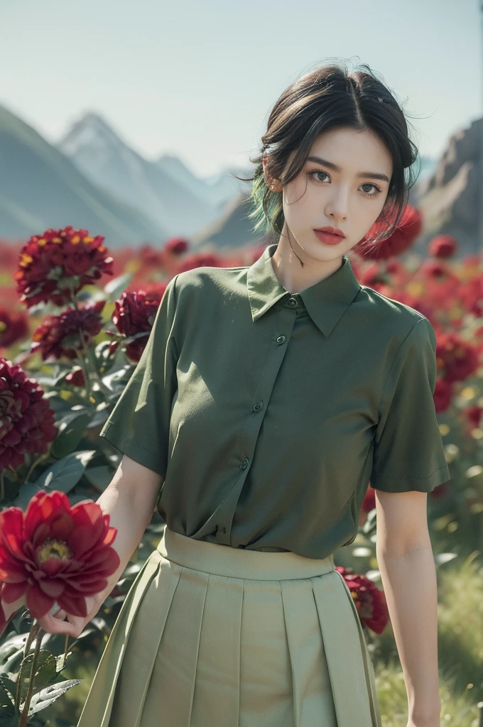 (((best quality))),(((ultra detailed))),(((masterpiece))),illustration,((1 beautiful girl,tomboy,solo)),(short black hair:1.3),((slim,thin)),((small breasts,thin)), vigorous, confident, (light green collared short-sleeved shirt:1.3), (dark green skirt:1.2),(slender legs:1.2),(standing:1.3),simplicity, robustness, strong features, (Abandoned Gobi Scene:1.3),(Rock surface:1.2),glowing eyes, rebellious, sensible, (mountainous landscape:1.3), (beside a vibrant red flower:1.3),elegance, unyielding spirit, youthful beauty, strength, resilience, adversity, challenges,((from front,upper body))