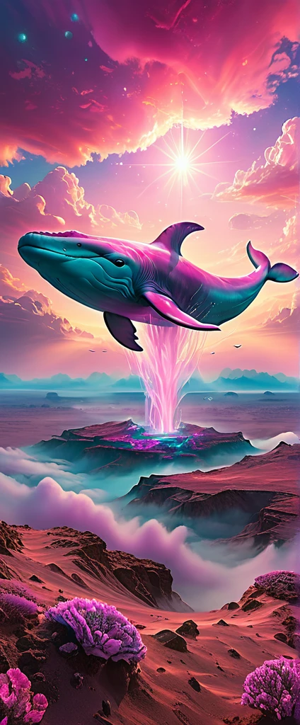pink whale , a pink majestic whale floating above the clouds of the desert sky, (best quality,4k,8k,highres,masterpiece:1.2),ultra-detailed, ethereal, dreamlike, surreal, with a touch of magic, vibrant colors, soft and delicate, blending seamlessly into the clouds, with a serene and tranquil expression, surrounded by a mystical aura, glowing softly, reflecting the sunlight, creating a breathtaking scene.