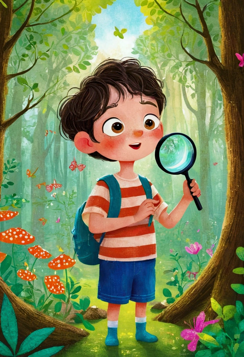illustration:A boy in the forest observing Mei Qing through a magnifying glass - storybook illustration, devianart contest winners, Concept Art, Children's book illustration, Children's book illustration, Children's book illustration, Children's book illustration, colorful Children's book illustration, Children's book illustration, Children's illustrations, Children's book illustration, storybook illustration, Children's illustrations, topless