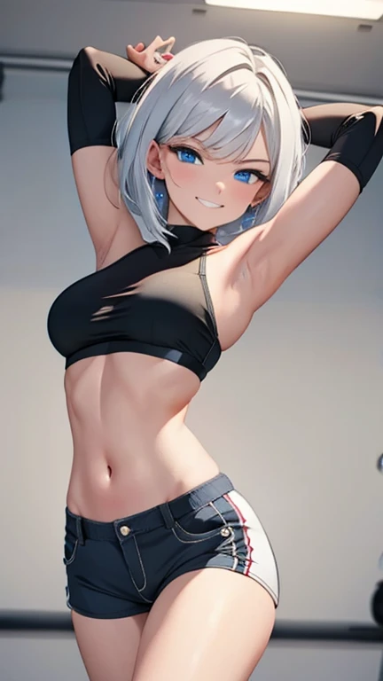 The best masterpieces, (ultra-quality:1.32), (The ultra -The high-definition:1.4), (超A high resolution: 1.3), (CG Unity 8k wallpapers:1.2), precise and perfect human body structure, (Textured skin: 1.26),
((dancer, dance wear, short pants, hot pants)), (full body), (background is a dancing floor),
silver short hair, Tsurime、 gazing down condescendingly at the viewer with a scornful grin, beautiful muscular thighs, (((dancing)))