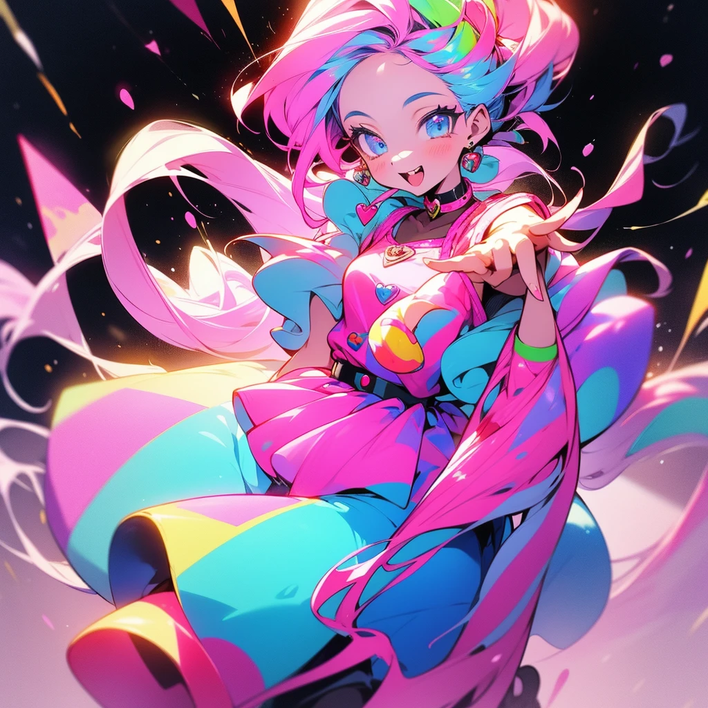 cute girl, 18 years old, she is a member of magic circus, she likes sweet stuff, her magic is creation, she can create anything adorable, cute, sweets, like doll or cake or lollipop, she sells lollipops at the circus, colorful hair, very cute, standing, curve figure