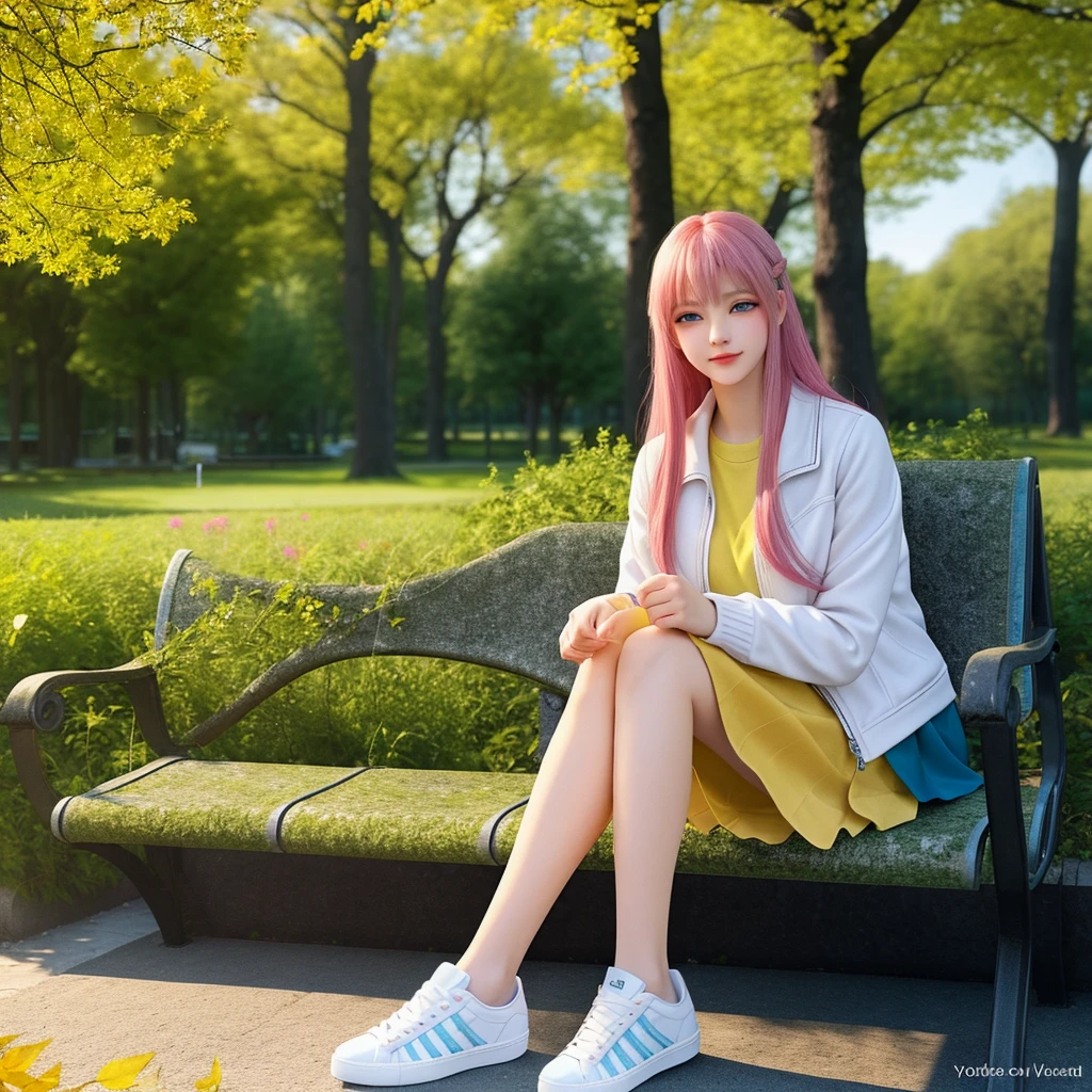 ((best quality)), ((masterpiece)), (detailed), realistic, 8k, a beautiful anime girl, with long pink hair, blue eyes, white tide shirt, body goals, blue jacket, short sexy Skirt, wearing white sneakers shoes, individual sitting on a park bench. The sun is bright, casting gentle shadows, with golden-yellow leaves on the trees, A serene urban park at midday, with a blend of nature and cityscape in the background The color palette is warm and vibrant, with yellows, oranges, and soft greens, creating an uplifting and motivational atmosphere, The style is soft and illustrated, with smooth lines and gentle textures.