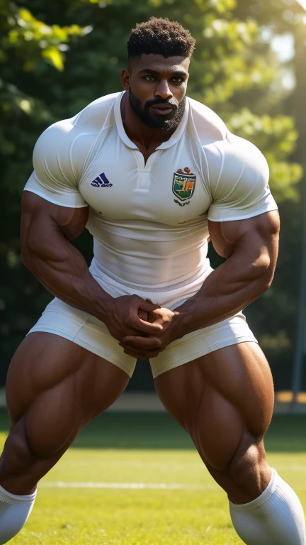 30 years old little mustach Desi mascular dark skin jaat with wetty white shirt with sweat, Full body, rugby player, sport tight pants, vpl, rugby esportive dirty uniform , captivating large eyes, large lips, volumeric light, wearing team rugby uniform, muscular chest, long legs, left neck look, neck tribal tattoo, Wide shoulders, nice detailed hands, field rugby bokeh background, colorful golden-hour vivid colors, sunny day, daylight, His perfect( big huge penis) is (coming out) of his pant,masterpieces