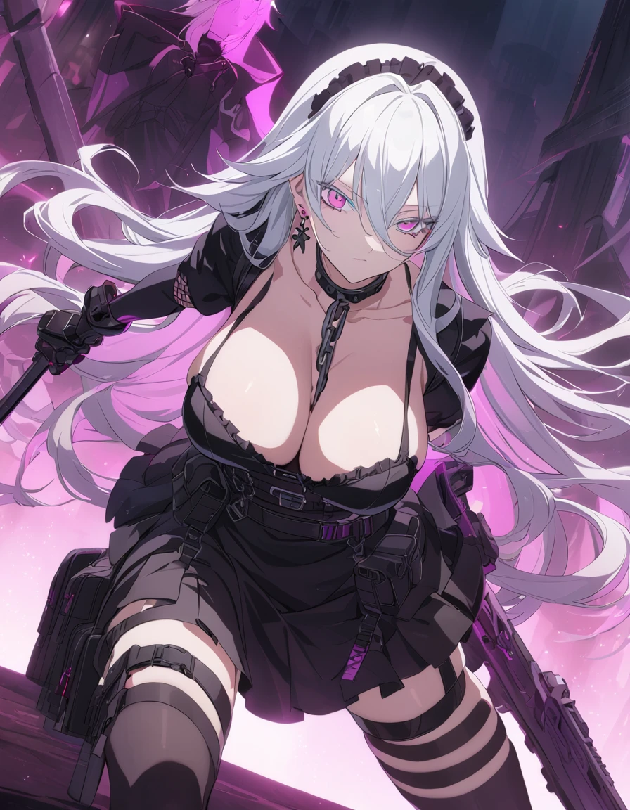 sovetsky_Soyuz, symmetric eyes, magenta eyes, long hair, earrings, choker, webbed belt, tactical, pouches, chain, black maid outfit, frills, apron, weapon Holster, webbed belt, tactical, pouches, skirt, metal gloves, black thigh highs, large breasts, sharp eyes, Long eyelashes, eye shadow, long white hair, ominous vibe, expressionless, stoic, bowing, dim manor, shadowy, Ultra quality, UHD, high detail, anime aesthetic, Anime screenshot, Ultra quality, UHD, high detail