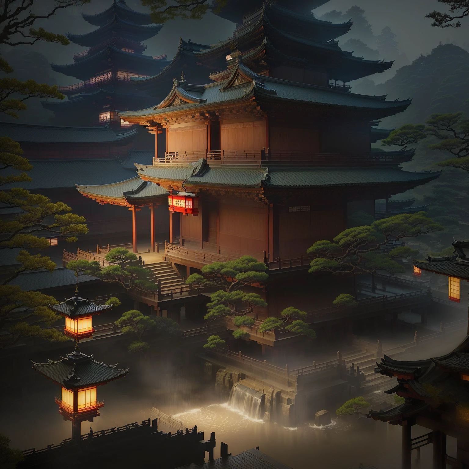 Alafeda Tower in the Japanese Garden,There are waterfalls and lanterns, Digital painting of pagoda, Japanese temples, Zen temple background, cyberpunk Japanese temples, Chinese architecture, Kyoto inspiration, Beautiful digital art work, Amazing wallpapers, Japanese architecture, Beautiful rendering of the Tang Dynasty, Detailed Landscape—Width 672, Chinese Palace, japanese shrine waterfall, Beautiful and detailed scenes,((There is a wooden bridge across the frame in the foreground1.8)) ,((low angle shot 1.7)) ((Camera lens close to the ground to shoot 1.8))