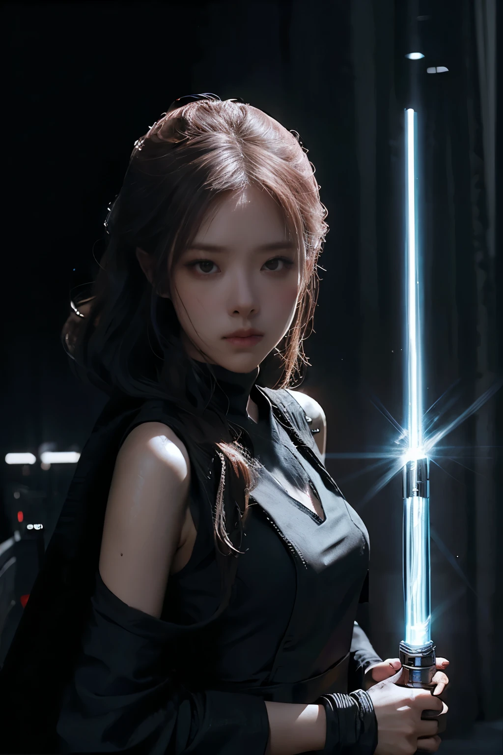 a female jedi warrior in a black dress, messy hair, holding a glowing light saber, cinematic lighting, dramatic shadows, detailed face and eyes, epic sci-fi, photorealistic, 8k, best quality, masterpiece